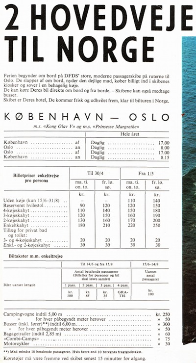 Tabelle von 1973 mit damaligen Preisen für die Benutzung von Fähren für die Schiffspassage Kopenhagen – Oslo